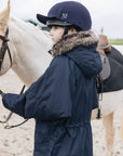 EQUIDRY | Parka | Women's | Navy - waterproof riding and leisure coat with padded inner detachable faux fur trim back view adjustable waist