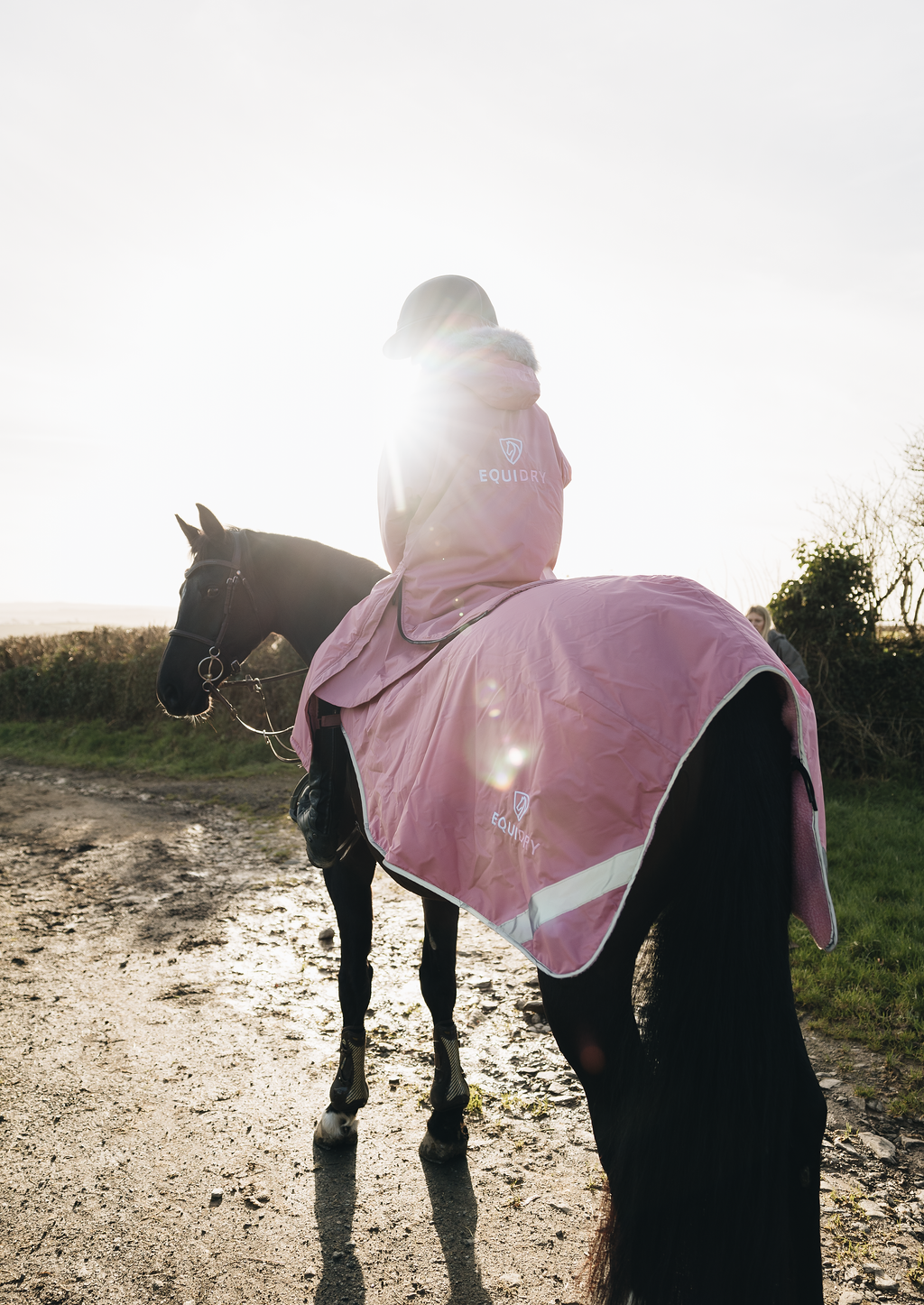 EQUIDRY Evolution Lux Women's Warm Waterproof Winter Horse Riding Coat Thick Fleece Lining with Faux Fur Trim Hood dusky pink on horse with exercise sheet