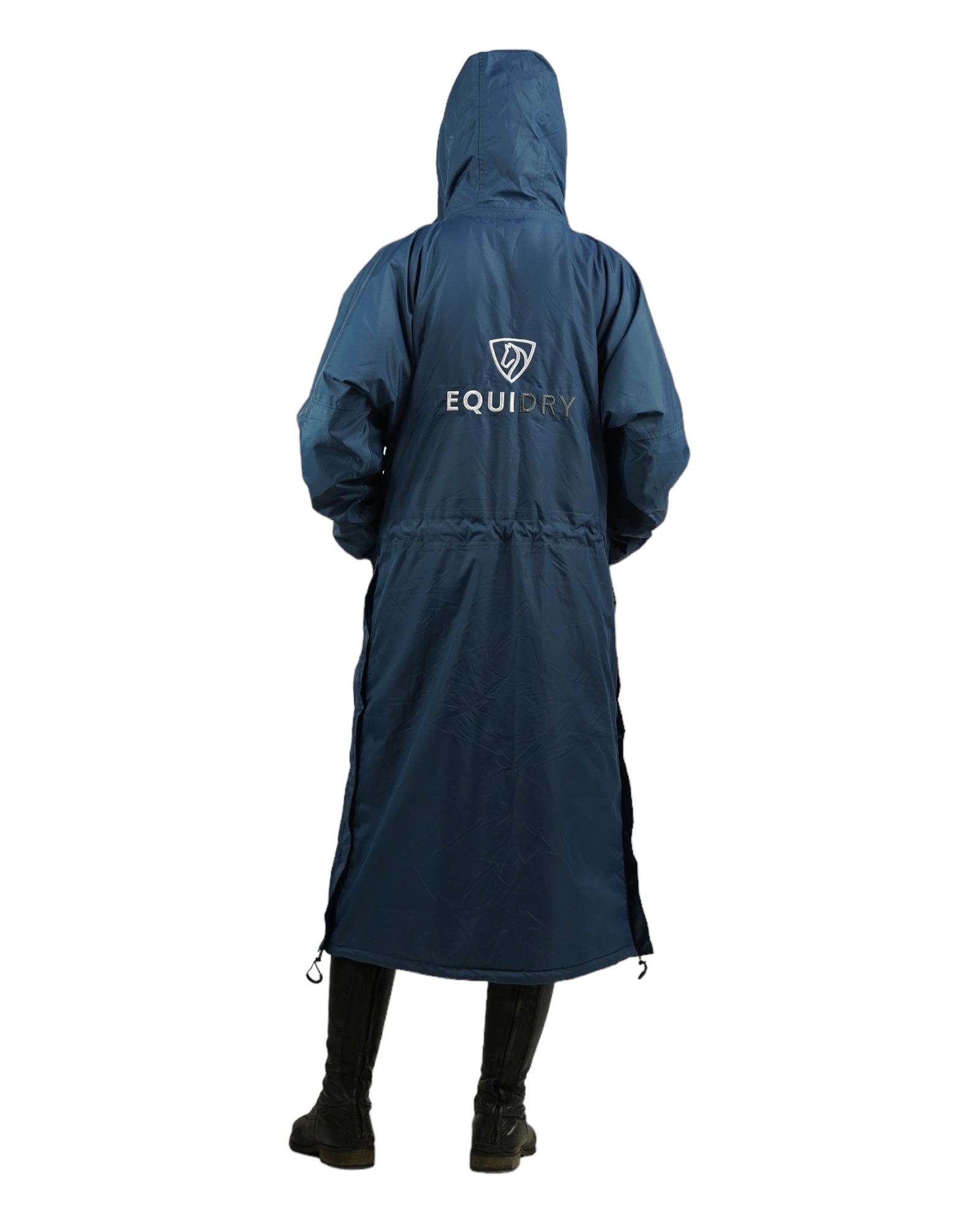 EQUIDRY women's thin fleece long waterproof horse riding coat in steel blue/charcoal hood up behind
