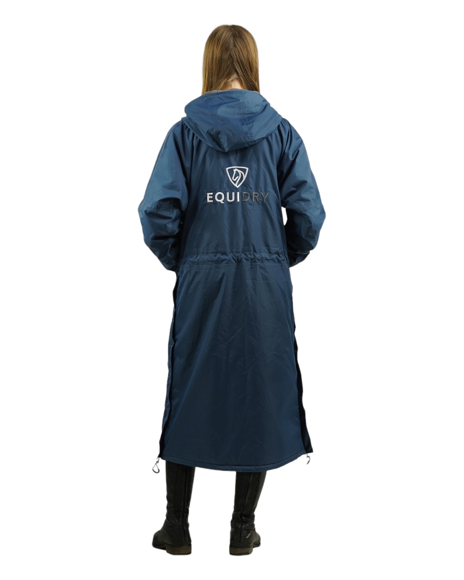 EQUIDRY women's thin fleece long waterproof horse riding coat in steel blue/charcoal back studio shot