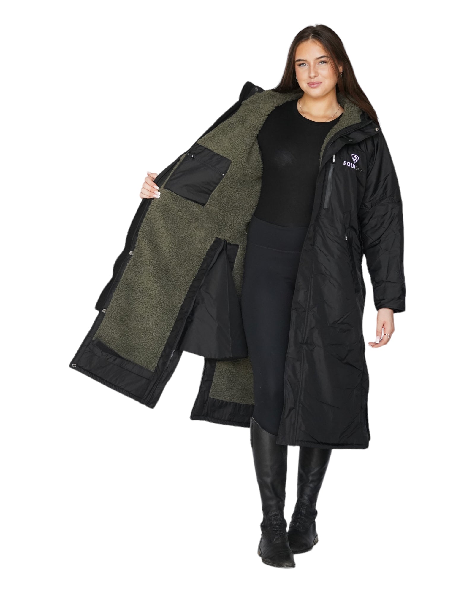 EQUIDRY women's long waterproof horse riding coat in Black/Olive Green inner lining 