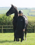 EQUIDRY women's thin fleece long waterproof horse riding coat in black/black with horse