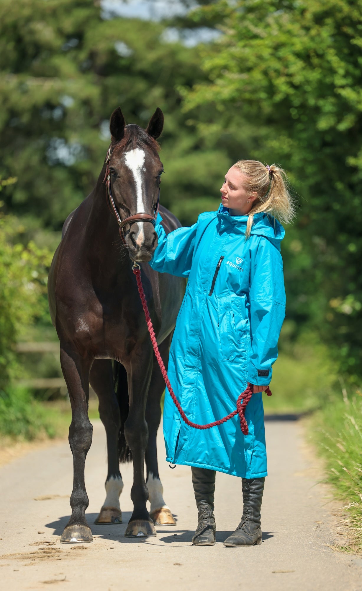 EQUIDRY women's thin fleece long waterproof horse riding coat in turquoise with horse