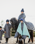 EQUIDRY waterproof horse riding raincoat thin fleece pro ride reflective in charcoal/pale pink children's grey family photo in arena 