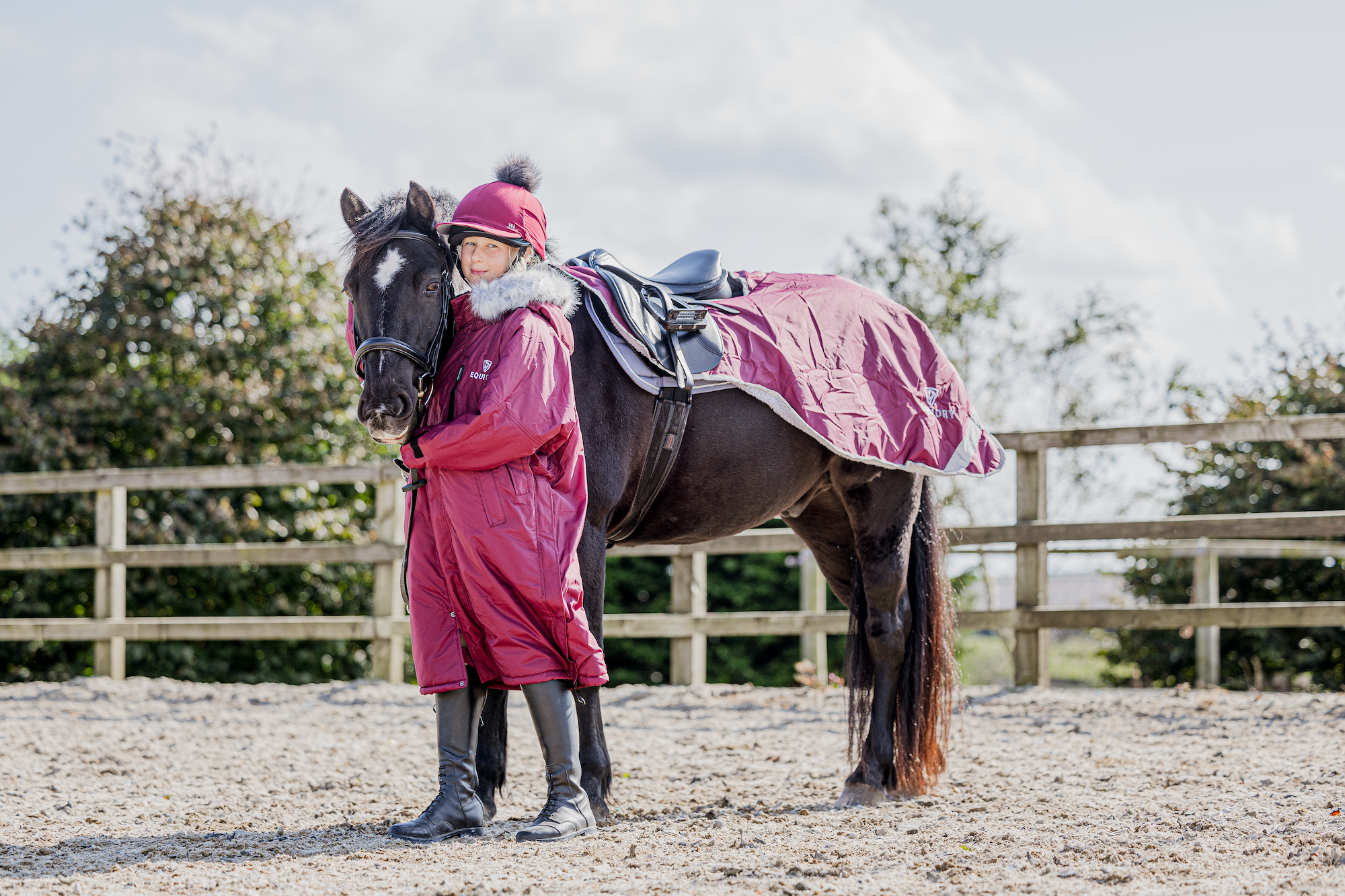 EQUIDRY Childs Plum Waterproof Coat with Fur Hood Age 10-12 Years. Exercise sheet medium