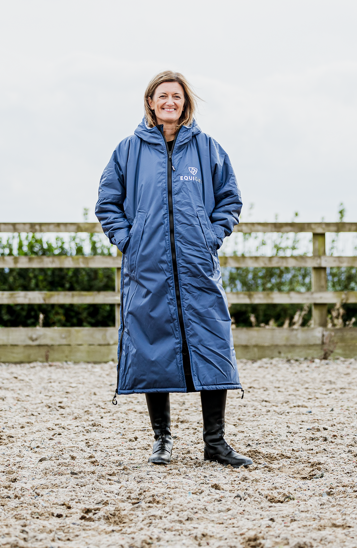 EQUIDRY waterproof horse riding raincoat All Rounder Original thick fleece Women's steel blue full view lifestyle