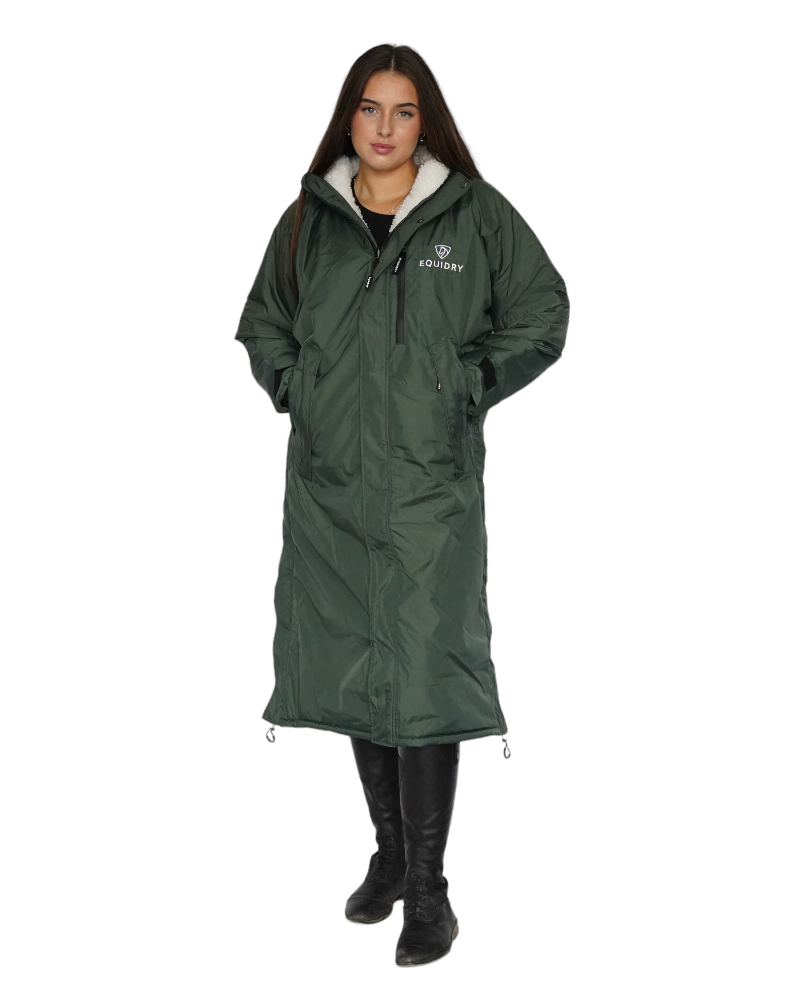 EQUIDRY women&#39;s long waterproof horse riding coat in black forest green/cream studio front coat closed 