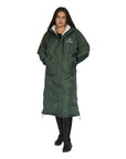 EQUIDRY women's long waterproof horse riding coat in black forest green/cream studio front coat closed 