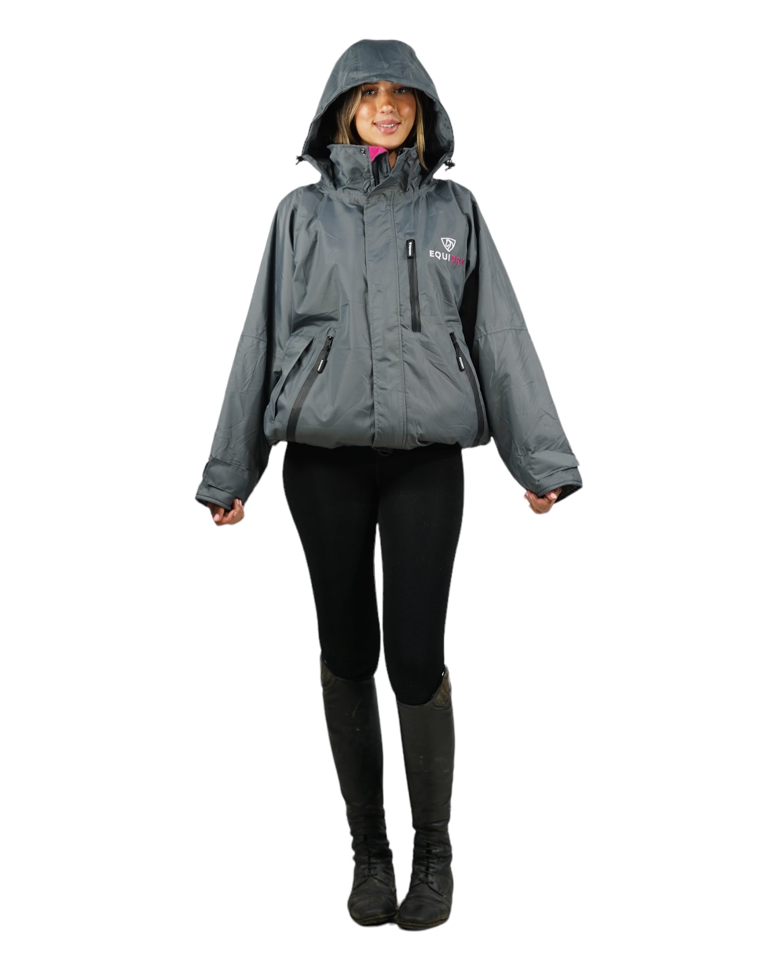 EQUIDRY women's waterproof short blouson style horse riding jacket in charcoal/peacock pink studio front view 