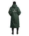 EQUIDRY women's long waterproof horse riding coat in Black Forest Green/Cream back studio