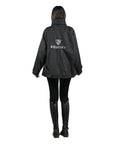 EQUIDRY women's waterproof short blouson style horse riding jacket in black/black back view studio