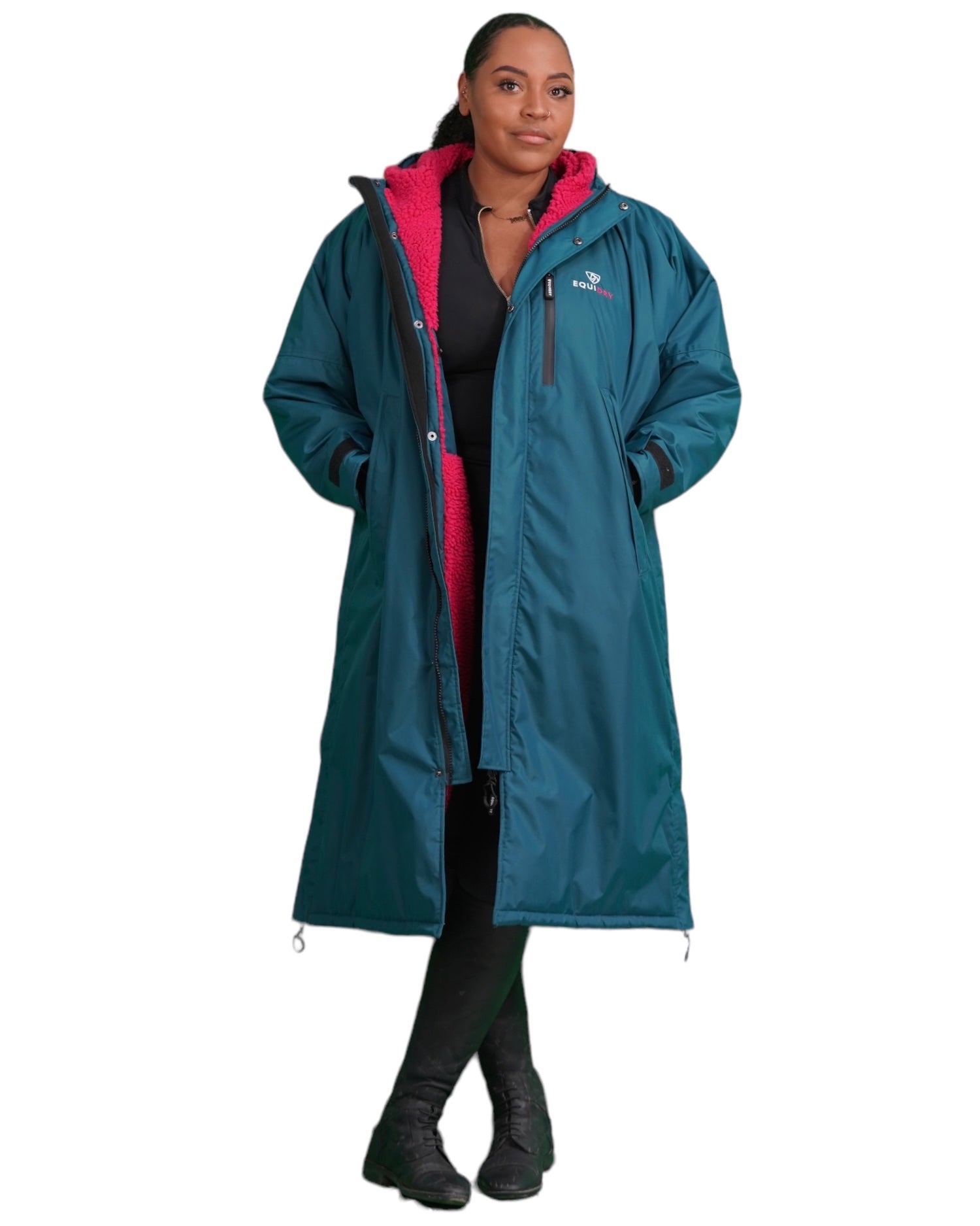 EQUIDRY women's long waterproof horse riding coat in Teal/Peacock Pink