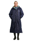 Evolution Women's Warm Waterproof Long Horse Riding Coat Thick Fleece Lining Cosy Fleece Lined Hood in Navy/Jade full length studio 