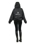 Shortie Child's Oversized Short Waterproof blouson style Riding Jacket Thin Fleece Lining Stowaway Hood in black hood up from back