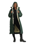 EQUIDRY women's long waterproof horse riding coat in Black Forest Green/Cream studio front inner lining 