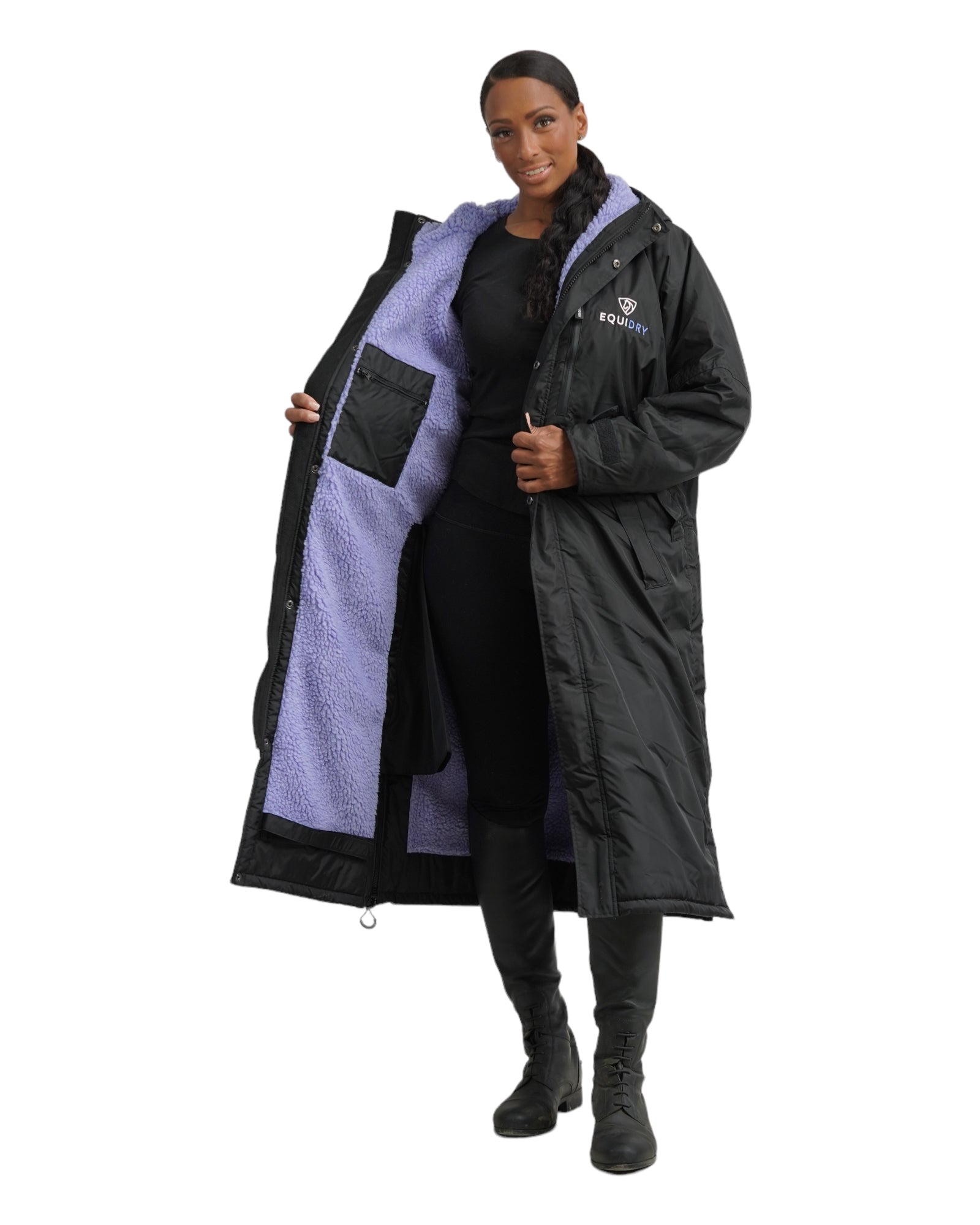 Evolution Women&#39;s Warm Waterproof Long Horse Riding Coat Thick Fleece Lining Cosy Fleece Lined Hood in Black/Lilac inner lining 