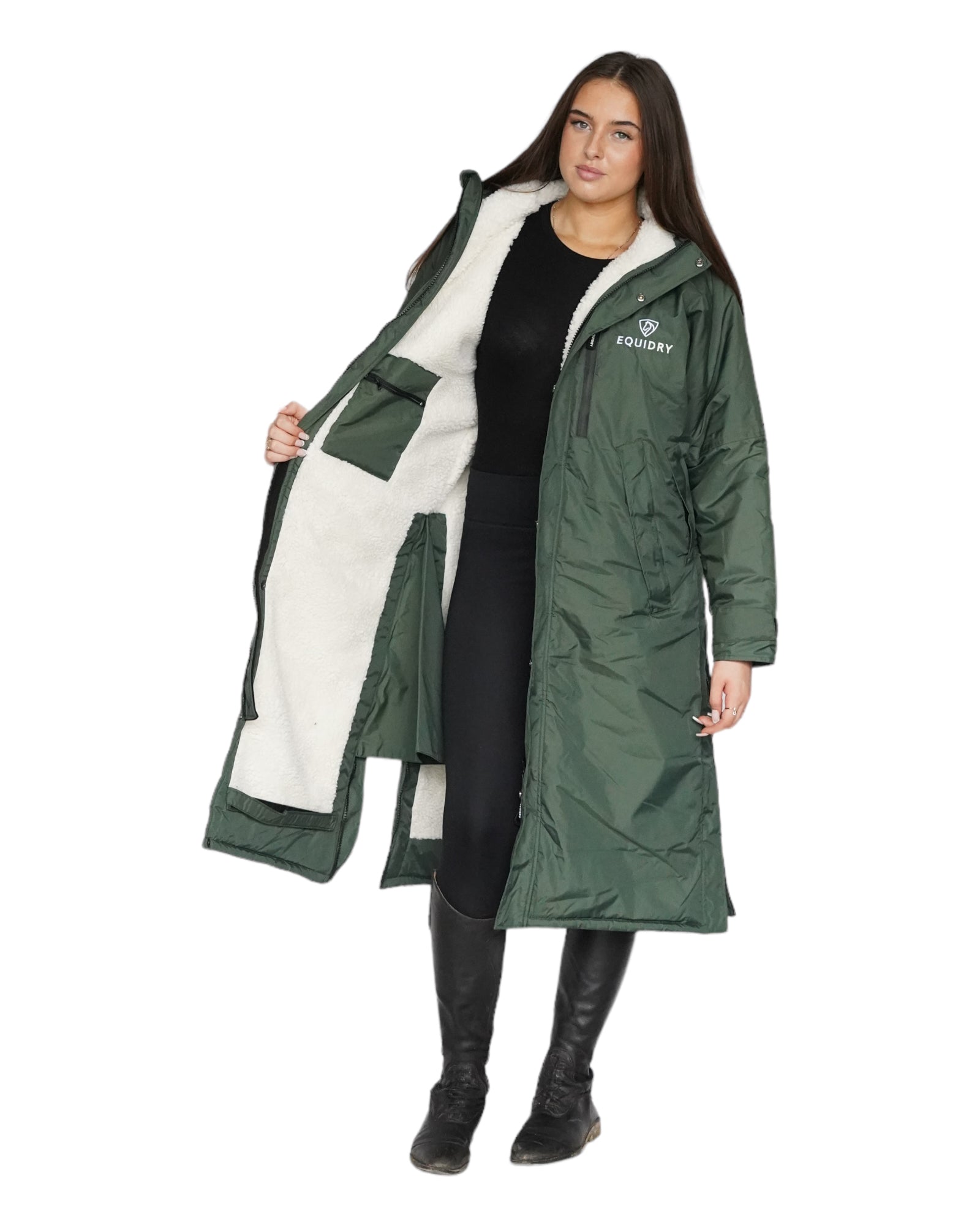 EQUIDRY women&#39;s long waterproof horse riding coat in black forest green/cream studio open showing inner lining 