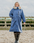 Evolution Lux Women's Warm Waterproof Winter Horse Riding Coat
Thick Fleece Lining with Faux Fur Trim Hood in steel blue rider in arena