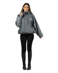 EQUIDRY women's waterproof short blouson style horse riding jacket in charcoal/grey front view hood down