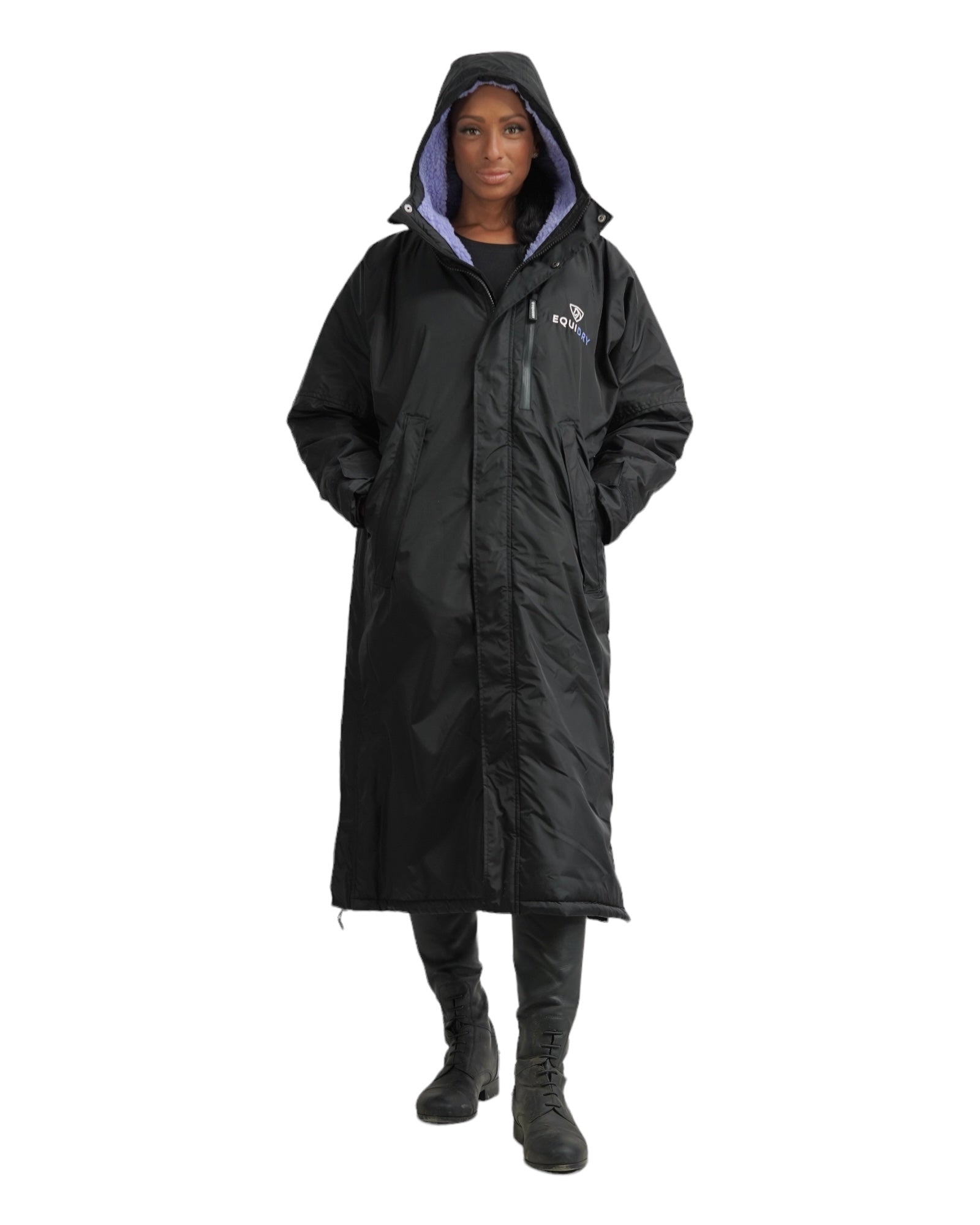 Evolution Women&#39;s Warm Waterproof Long Horse Riding Coat Thick Fleece Lining Cosy Fleece Lined Hood in Black/Lilac front hood up