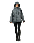 EQUIDRY women's waterproof short blouson style horse riding jacket in charcoal/grey front view hood up