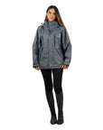 EQUIDRY women's waterproof short blouson style horse riding jacket in charcoal/penelope pink studio front view