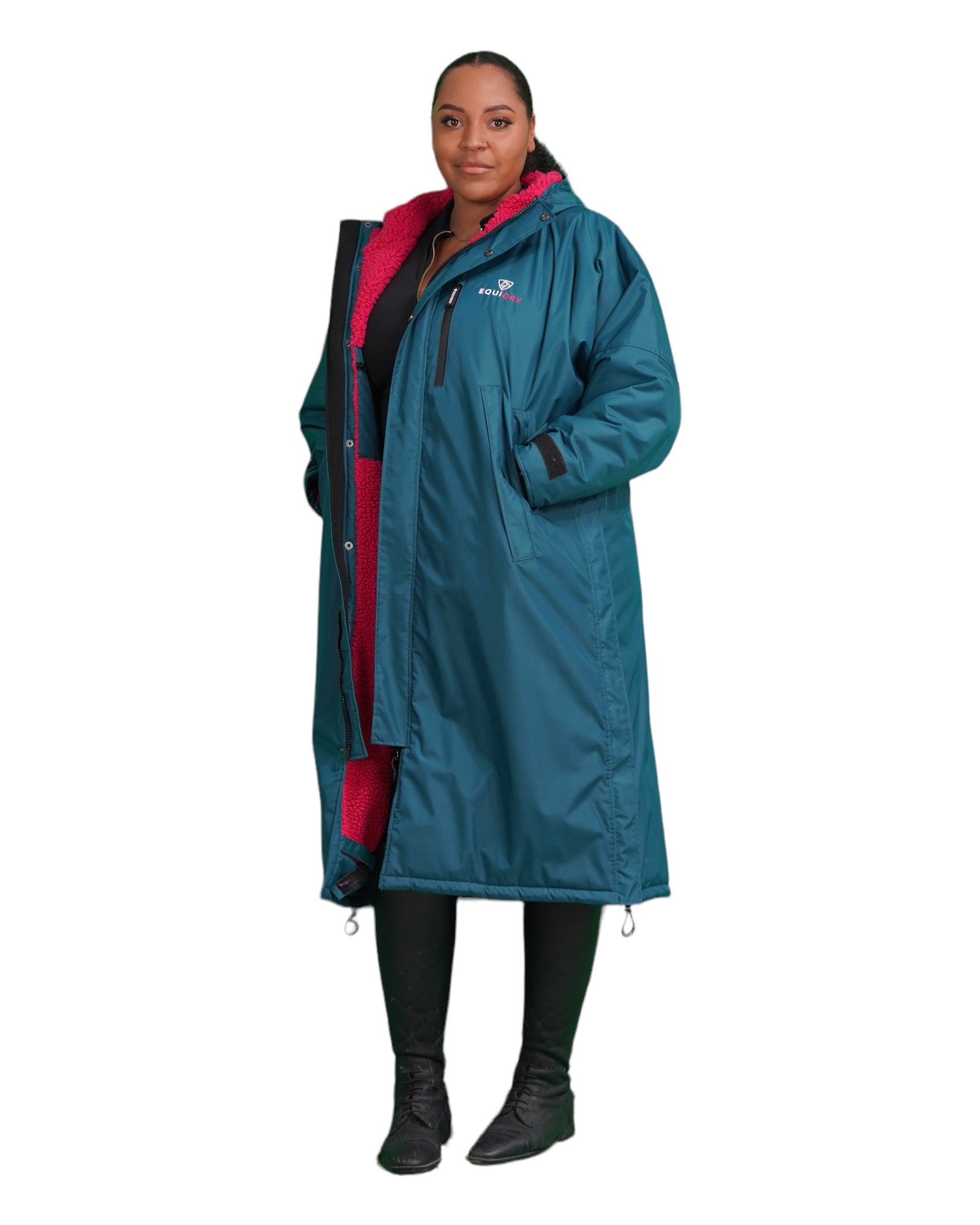 EQUIDRY women's long waterproof horse riding coat in Teal/Peacock Pink