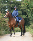 EQUIDRY waterproof horse riding raincoat All Rounder Original thick fleece Women's Navy/Turquoise on horse 