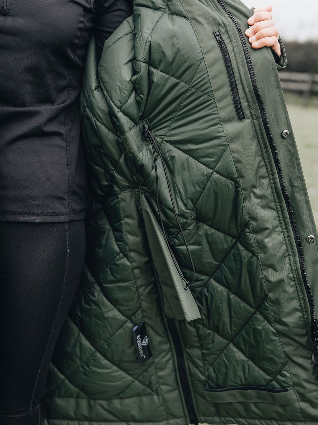 EQUIDRY |  Parka | Women&#39;s | Black Forest Green -  waterproof riding and leisure coat with padded inner detachable faux fur trim adjustable waist bungee 