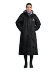 EQUIDRY women's long waterproof horse riding coat in Black/Lilac front full view studio