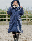 EQUIDRY Evolution Lux Women's Warm Waterproof Winter Horse Riding Coat Thick Fleece Lining with Faux Fur Trim Hood navy/cream hood up