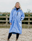 EQUIDRY Evolution Lux Women's Warm Waterproof Winter Horse Riding Coat Thick Fleece Lining with Faux Fur Trim Hood sky nelly blue hood down front view