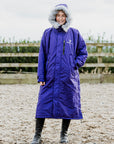 EQUIDRY Evolution Lux Women's Warm Waterproof Winter Horse Riding Coat Thick Fleece Lining with Faux Fur Trim Hood purple rider in arena hood up