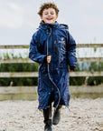 EQUIDRY waterproof horse riding raincoat thin fleece pro ride reflective in navy children's running in arena