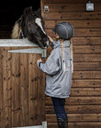 Shortie Child's Oversized Short Waterproof blouson style Riding Jacket Thin Fleece Lining Stowaway Hood in charcoal/penelope pink back view with horse 