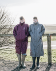 EQUIDRY equimacs plum and charcoal long waterproof lightweight rain coats worn by male horse riders 