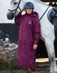 EQUIDRY women's thin fleece stowaway hood long waterproof horse riding coat in plum with horse