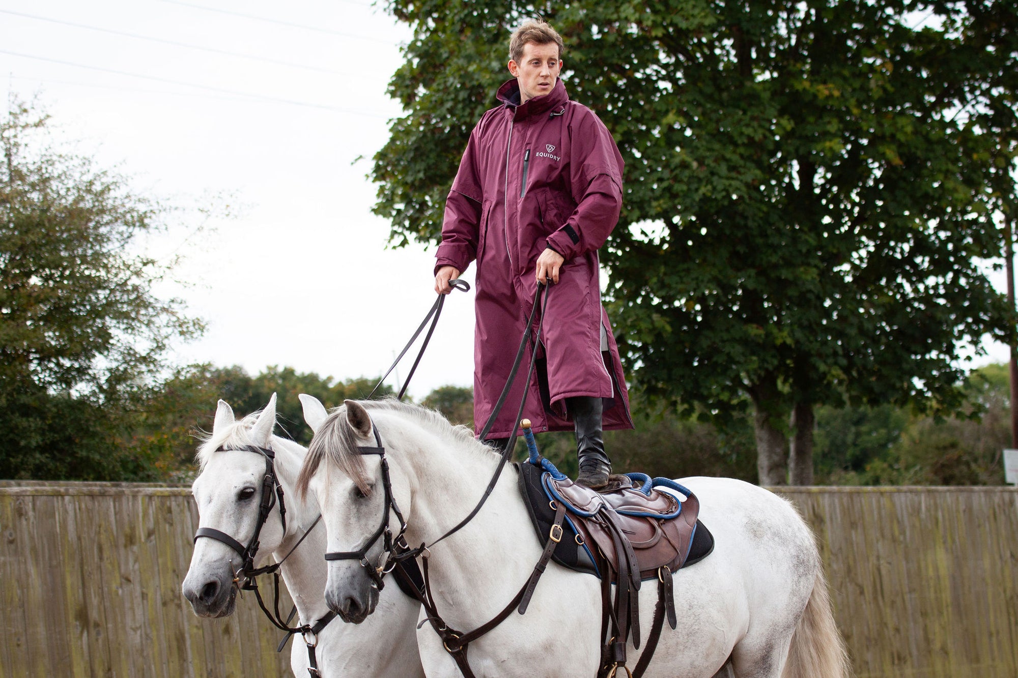 Evolution Reflective Men's Lightweight Waterproof Horse Riding Coat in plum worn by male stunt rider 