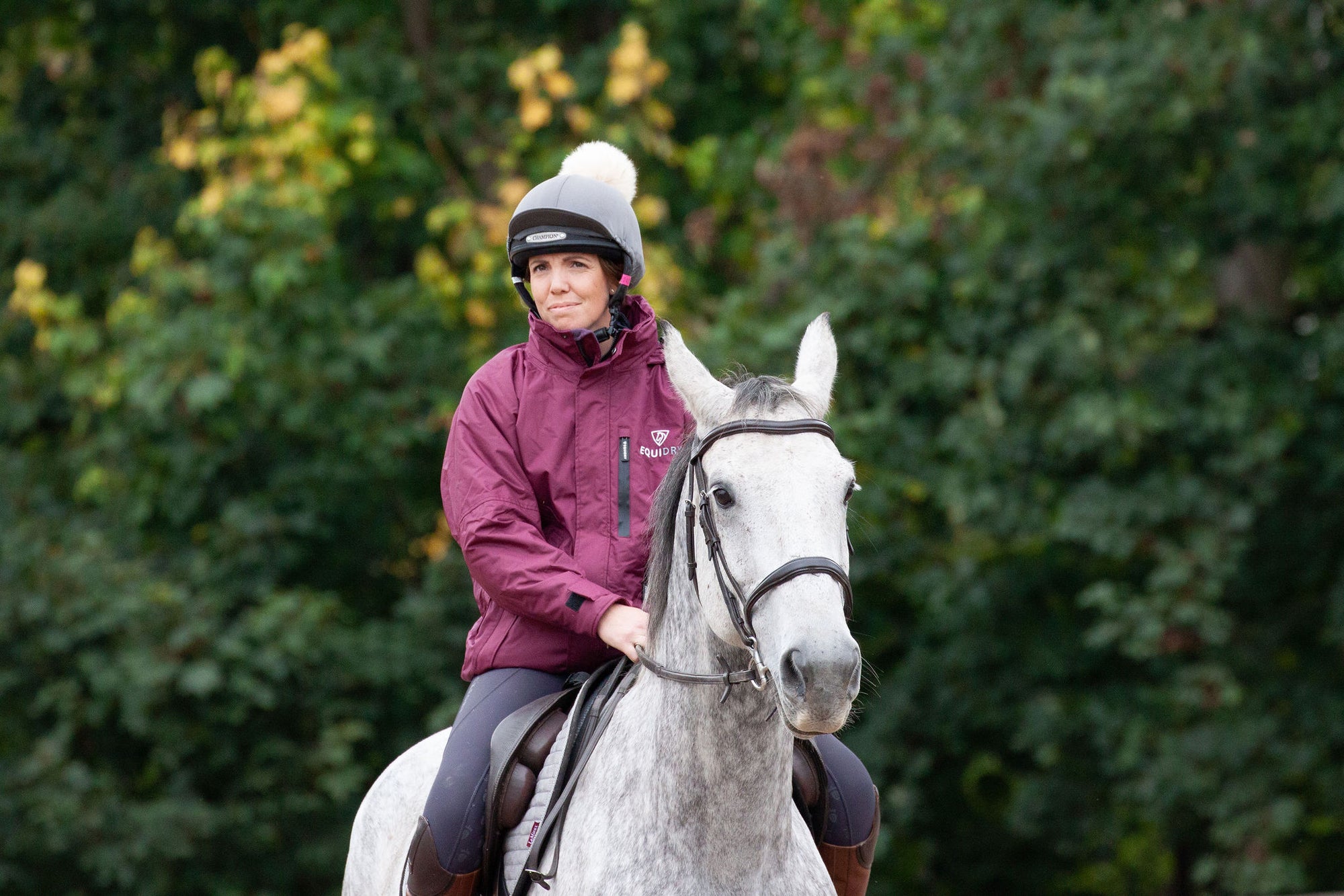 EQUIDRY women's waterproof short blouson style horse riding jacket in plum/plum