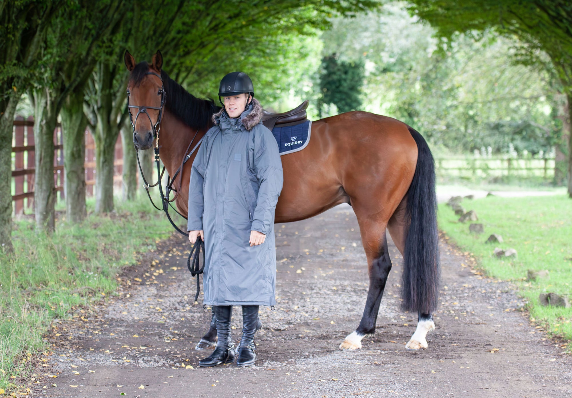 waterproof riding and leisure coat with padded inner detachable faux fur trim equidry in charcoal 