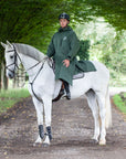 Evolution Pro men's Warm Waterproof Horse Riding Coat Thick Fleece Lining Stowaway Hood in Black Forest Green/Grey male rider on horse