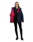 EQUIDRY women's waterproof short blouson style horse riding jacket in navy/raspberry studio front view 