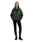 EQUIDRY women's waterproof short blouson style horse riding jacket in black forest green studio front view