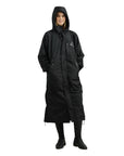 EQUIDRY women's thin fleece long waterproof horse riding coat in black/black hood up front view studio