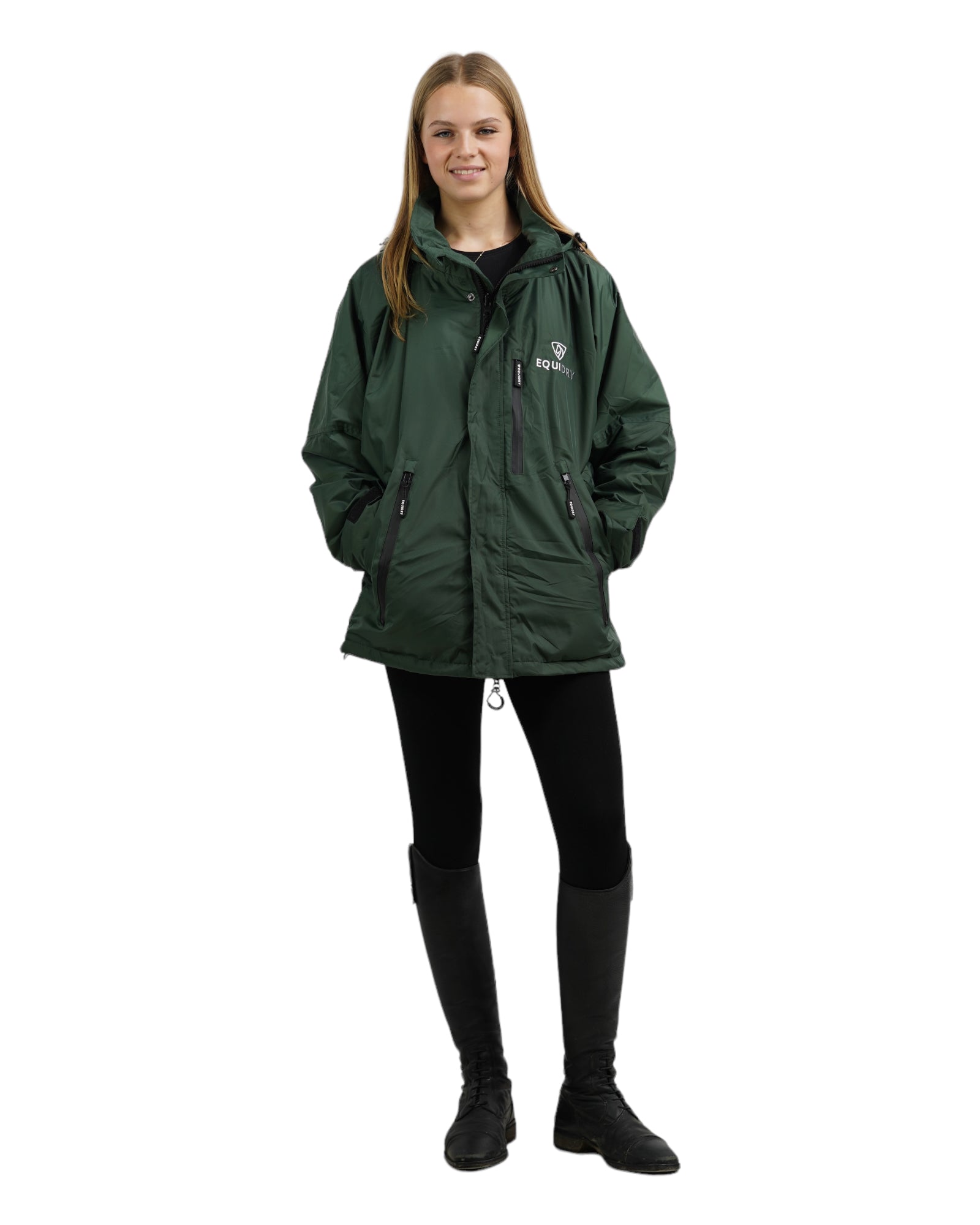 Shortie Child's Oversized Short Waterproof blouson style Riding Jacket Thin Fleece Lining Stowaway Hood in black forest green relaxed fit studio 