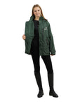 EQUIDRY women's waterproof short blouson style horse riding jacket in black forest green studio open lining 