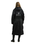 EQUIDRY women's thin fleece long waterproof horse riding coat in black/black studio back