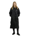 EQUIDRY women's thin fleece long waterproof horse riding coat in black/black studio front