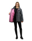 EQUIDRY women's waterproof short blouson style horse riding jacket in charcoal/penelope pink studio shot front view 