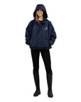 EQUIDRY women's waterproof short blouson style horse riding jacket in navy/raspberry front hood up studio shot